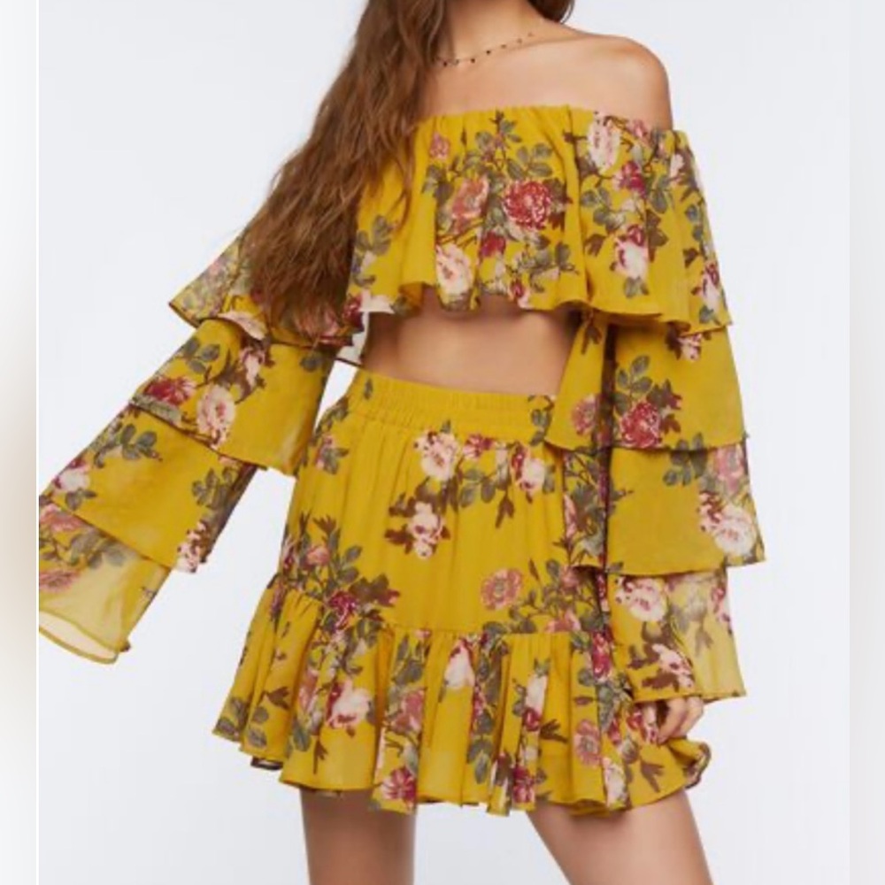 Forever 21 floral two piece with a cropped off the shoulder top and skirt